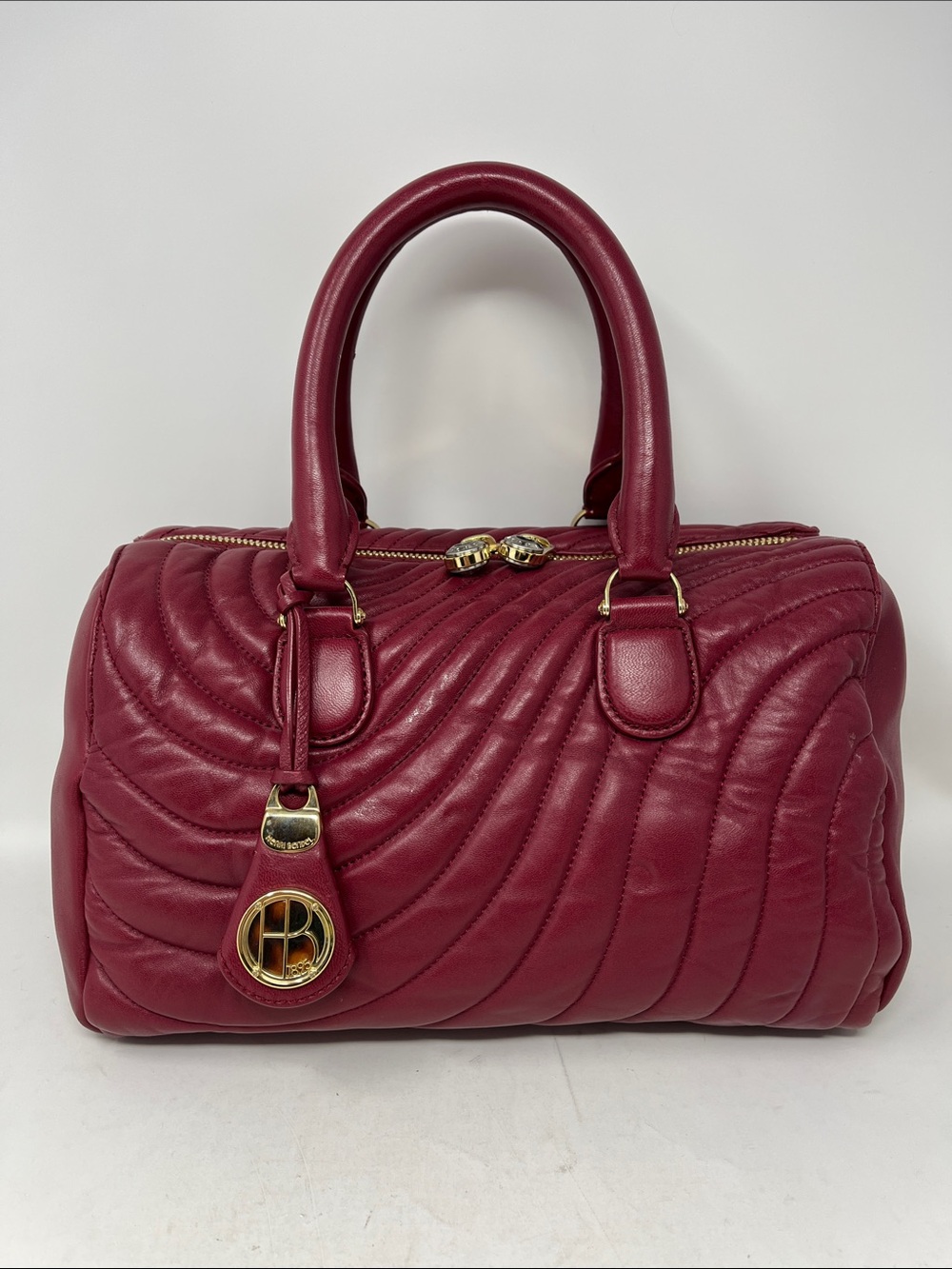 HENRI BENDEL No. 7 Quilted Burgundy Leather Barrel Wave Satchel Bag Gold